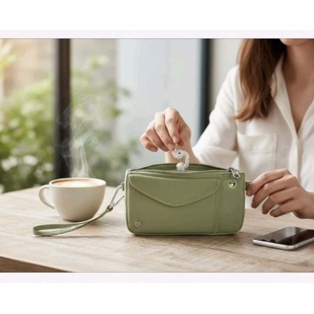 ATHLETA Coffee Run Clutch Green Wristlet Wallet Bag Pouch 4"x8" Water Resistant
